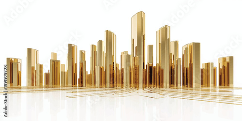 A 3d vector illustration of a golden bar chart rising above a modern city skyline with high business skyscrapers and urban architecture reflecting against the sky
