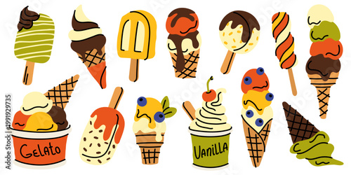 Hand drawn ice cream collection with popsicles, waffle cones, gelato cups and fruit bars. Colorful summer dessert set isolated on white background for menu, cafe and food design