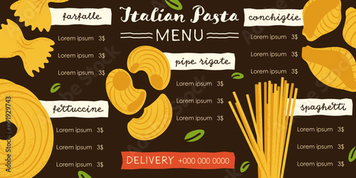 Stylish Italian pasta menu template featuring hand drawn illustrations of farfalle, conchiglie, and spaghetti with price placeholders and delivery info on dark background