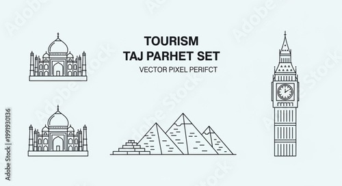 Iconic Global Landmarks Tourism Taj Mahal Pyramids Big Ben Set.