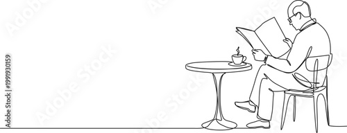 continuous line drawing of elderly man reading newspaper in cafe, line art vector illustration