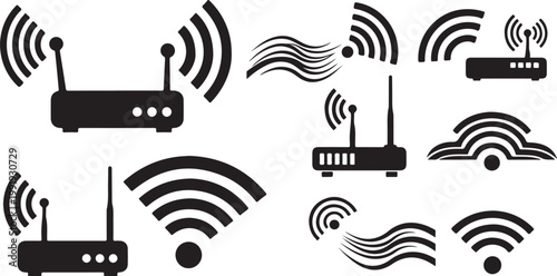 Wireless router and WiFi signal icons on white