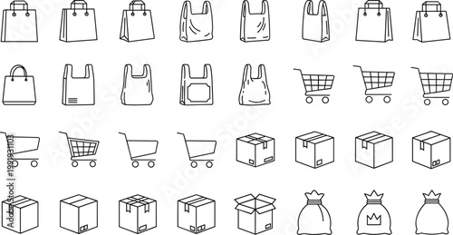 Shopping and Delivery Supplies Vector Set Featuring Line Art Icons of Paper Bags Plastic Totes Shopping Carts and Cardboard Boxes Isolated on White Background
