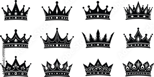 Royal Crown Vector Set Featuring Black Silhouette Icons Of King Queen And Princess Headwear For Majesty Luxury Authority And Victory Graphic Designs
