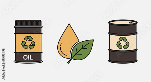 Oil barrels with recycling symbol and leaf icon.