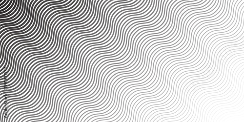 Black horizontal wave texture gradient. Wavy line pattern wallpaper. Fading curved linear halftone gradation. Thin to thick undulate stripe background for overlay, print, cover, graphic design. Vector