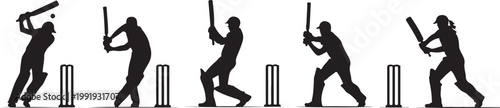 Vector silhouette icon set of cricket player action poses showing batting bowling fielding catching