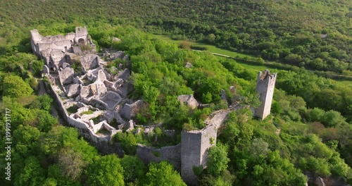 Aerial view of Dvigrad medieval castle ruins in Istria, Croatia