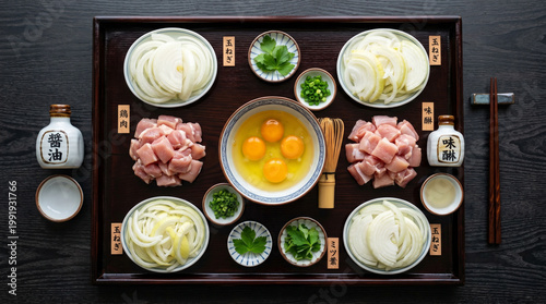 Top down view of Oyakodon ingredients on dark elegant wooden tray