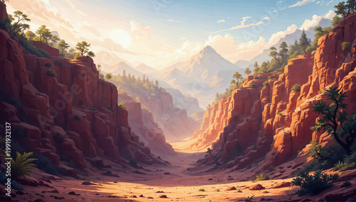 Red rock canyon desert landscape with sandstone cliffs, sparse pine trees and a distant mountain peak bathed in warm sunlight under a soft cloudy sky in cartoon style.