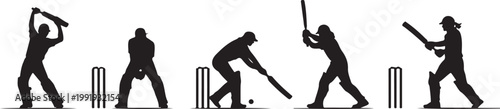 Vector silhouette icon set of cricket player action poses showing batting bowling fielding catching
