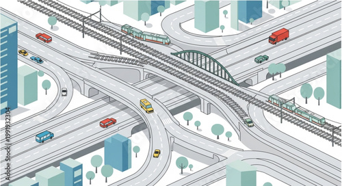 Busy urban highway interchange with cars and trucks.