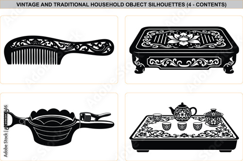 Set of four vintage household items, ornate wooden comb, carved table, kitchen tool, and traditional Asian tea set, vector illustration.