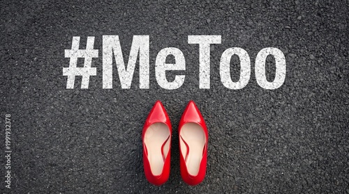 Red high heel shoes with #MeToo hashtag on dark background