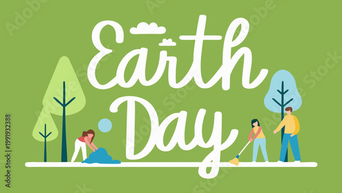 Earth day flat vector scene with people cleaning trees and green background eco friendly concept
