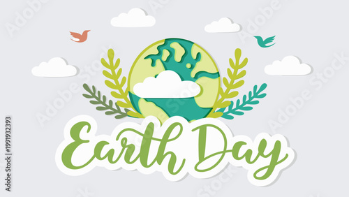 Vibrant earth day illustration with green globe leaves clouds and birds on light background