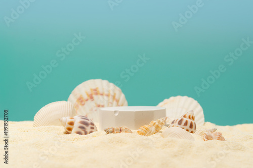 Clean sand podium surrounded by seashells. Minimal summer product presentation background ideal for cosmetics, skincare and branding mockups.