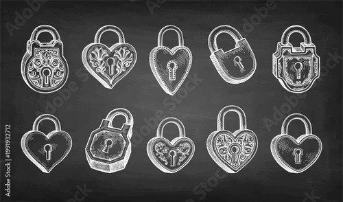Big collection of vintage padlocks. Chalk sketch on blackboard background. Hand-drawn illustration.