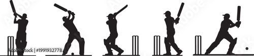 Vector silhouette icon set of cricket player action poses showing batting bowling fielding catching