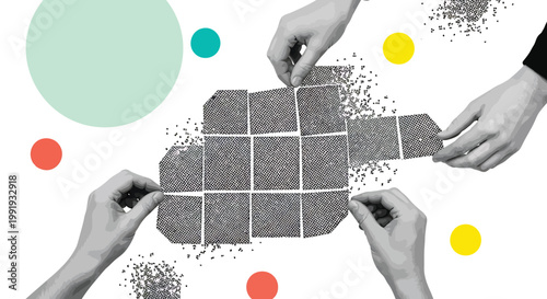 Collage hands building puzzle, teamwork concept, business strategy, problem solving