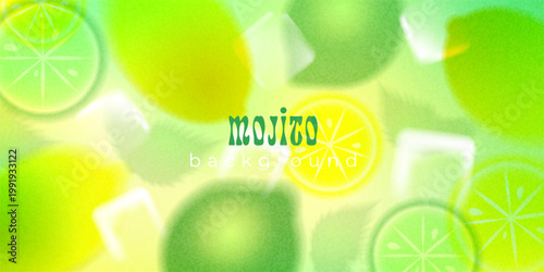 Fresh Mojito Background with lime slices with gradient, blurred texture. Grainy realistic vector poster. Menus, beverage branding, summer advertising, cocktails promotion and refreshing drink design.