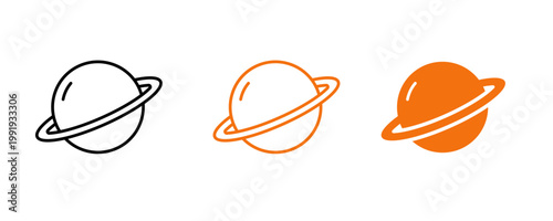 Planet icon set, outline and filled, orange and black.