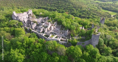 Aerial view of Dvigrad medieval castle ruins in Istria, Croatia