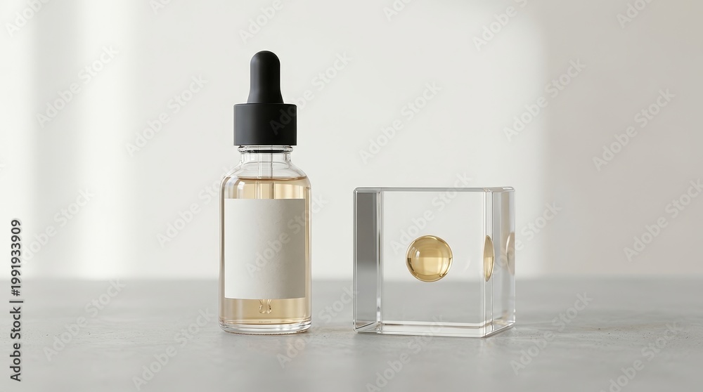 Naklejka premium Clear glass dropper bottle with liquid and clear cube