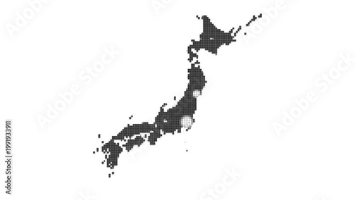 放射状に広がって色が変化していく日本の白地図（正方形グリッド・上面）