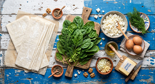 Overhead flat lay of Spanakopita ingredients on Cycladic blue painted wood