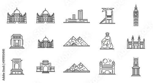Collection of famous landmark sketches in black and white.