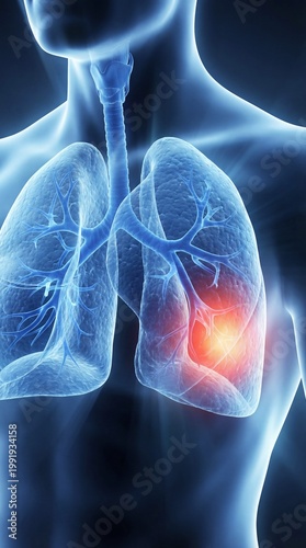 Human lungs with highlighted inflammation inside. Anatomy illustration of respiratory system disease. Medical diagnostic concept for pulmonology research, virus infection and chest health.
