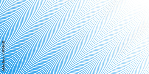 Blue wave texture gradient. Fading curved linear halftone gradation. Wavy water lines pattern wallpaper. Thin to thick undulate stripes background for overlay, print, cover, graphic design. Vector