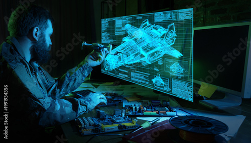 Foto Engineer holding drone while analyzing military aircraft blueprint hologram