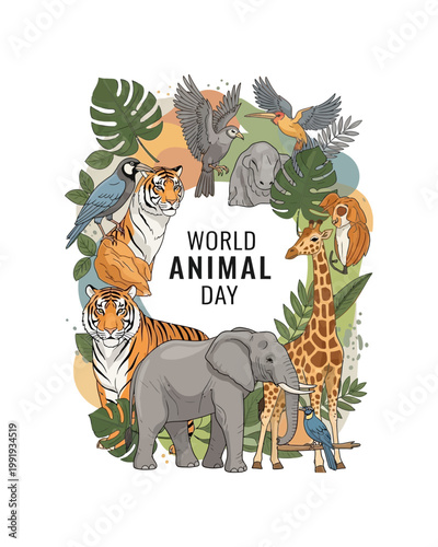 A vibrant illustration celebrating World Animal Day, featuring a diverse collection of wild animals like tigers, elephants, giraffes, and birds amidst lush foliage.