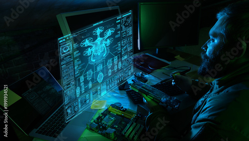 Fotografía Engineer working with drone hologram interface military technology development
