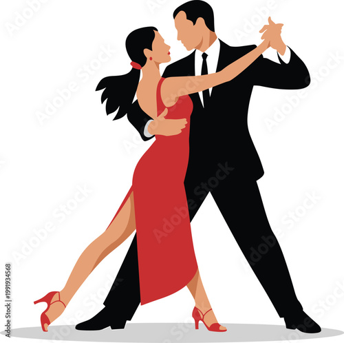 Couple in red dress and black suit dancing together