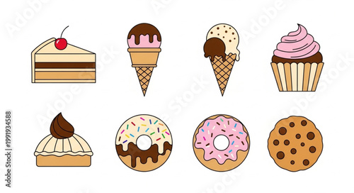 Collection of delicious sweet desserts and treats illustration.
