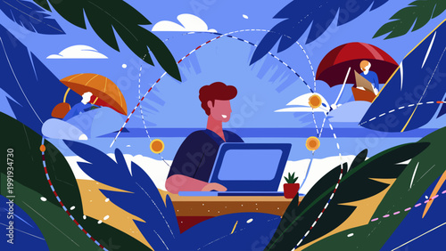 Man working remotely on laptop at beach with tropical leaves and sunny sky