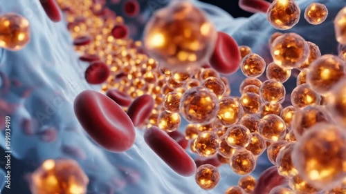 Microscopic view of red blood cells and cholesterol particles flowing through a blood vessel.