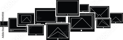 Black and white of multiple computer monitors and mobile devices with triangular loading screens smartphones