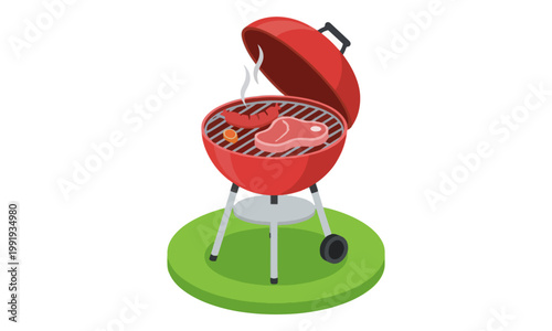 Red kettle grill cooking steak and sausage on green grass