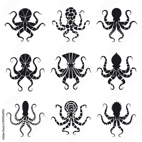 Geometric Low Poly Octopus and Cephalopod Silhouette Set