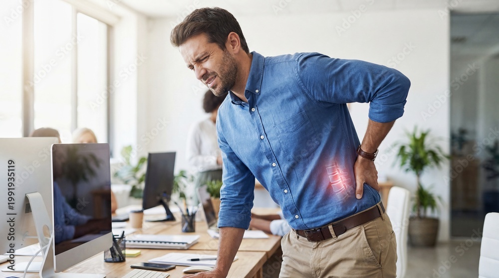 Fototapeta premium Man in office suffering from back pain. Employee touching lower back due to injury. Healthcare concept for sedentary lifestyle and ergonomics at workplace. Medical support for office worker.