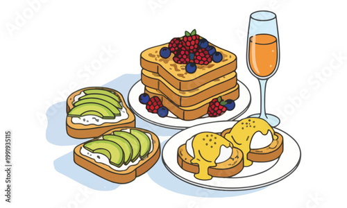 Brunch food illustration with avocado toast pancakes and mimosa