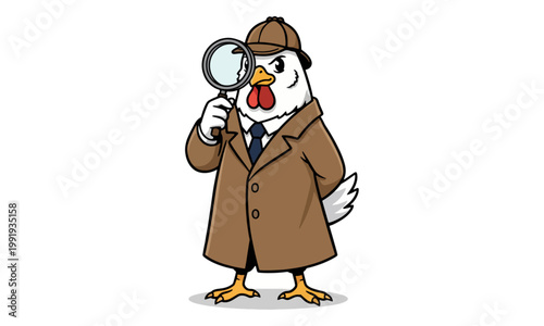 Chicken Detective Character Holding Magnifying Glass