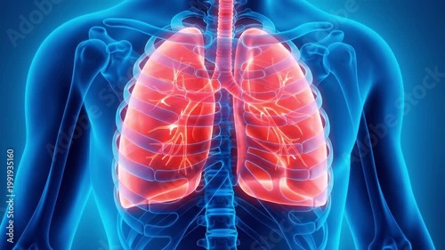 Medical illustration of human lungs and rib cage, suitable for healthcare presentation, biology education, medical research, and respiratory study.