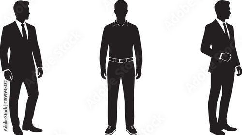 Business professional silhouette collection featuring men in suits standing and looking sideways in formal poses cad drawing flat vector illustration design elements