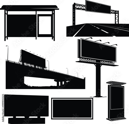 Black silhouettes of various billboards and signs on roads and bridges highway