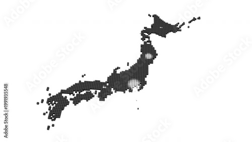 放射状に広がって色が変化していく日本の白地図（正方形グリッド）